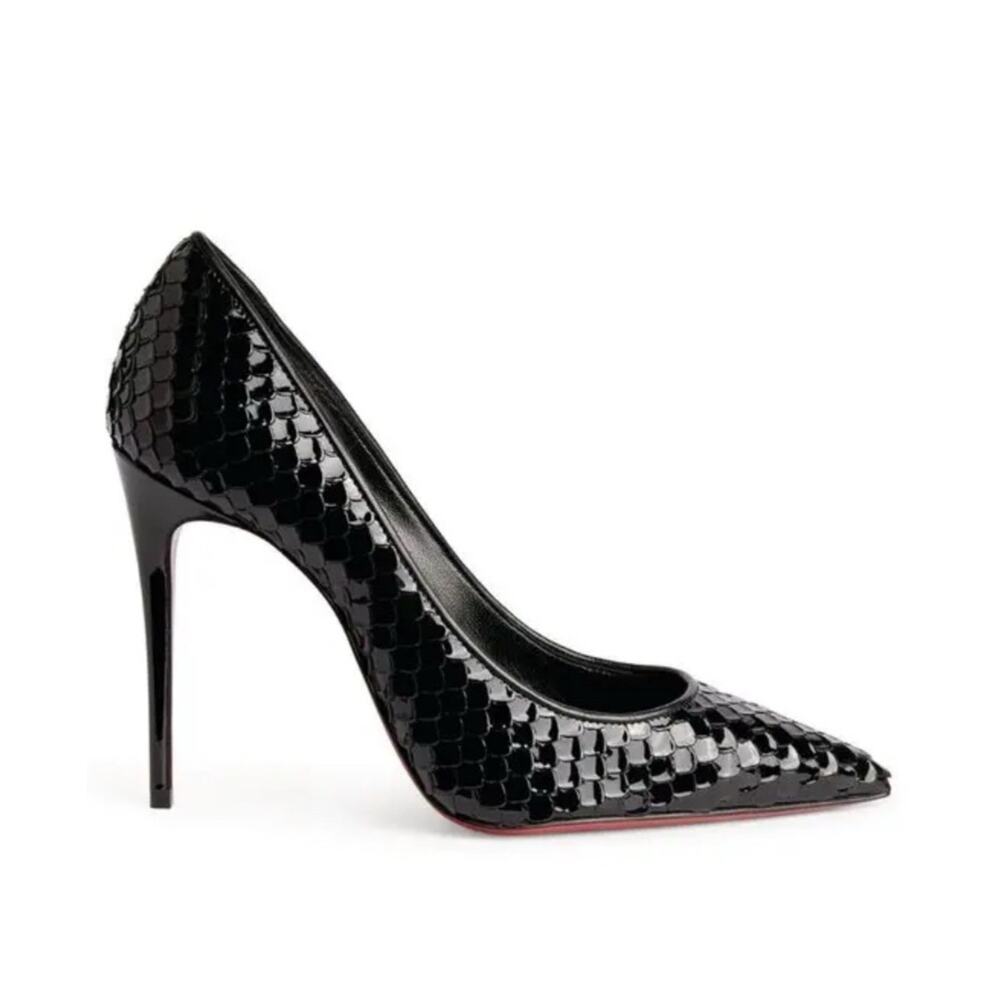 Christian Louboutin Kate 100 Pumps Sz 38 Black Scale-Embossed Patent Leather